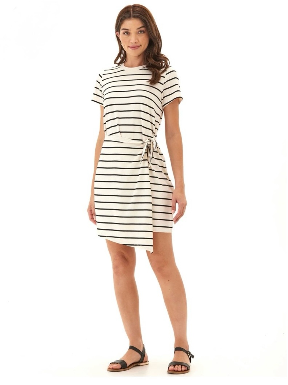 Threads 4 Thought Striped Wrap Dress , Tie Accent , Short Sleeve White/ Black - Picture 4 of 14